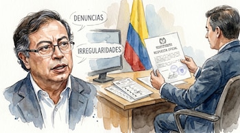 Ilustración de Gustavo Petro, burbujas de texto "DENUNCIAS" e "IRREGULARIDADES", y funcionario de Registraduría con "RESPUESTA OFICIAL".