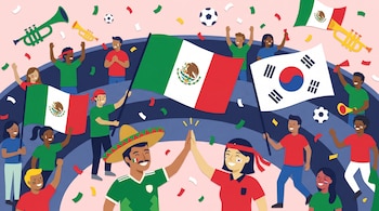 Ilustración de hinchas mexicanos y surcoreanos celebrando. Hay banderas de México y Corea del Sur, trompetas, balones de fútbol, papel picado y dos personas chocando las manos.