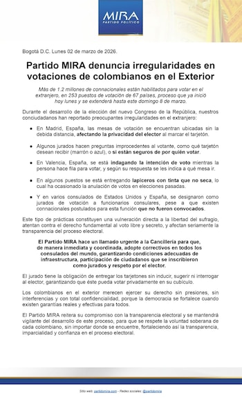 Partido Mira solicitó correctivos inmediatos