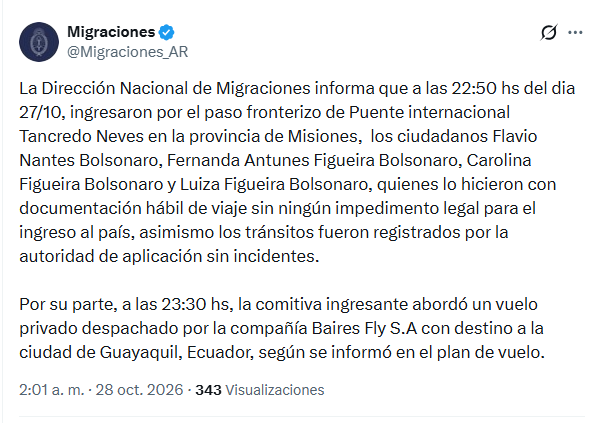 Comunicado de Migraciones sobre Bolsonaro
