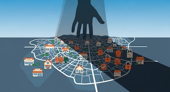 Mapa aéreo de Ciudad de México. Una gran sombra de mano cubre barrios, mostrando comercios y personas en zonas claras, y candados y negocios cerrados en la oscuridad.