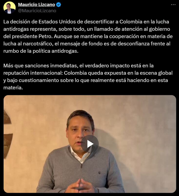 Mauricio Lizcano, interpretó la medida como un mensaje político dirigido a la administración Petro. - crédito @MauricioLizcano/X