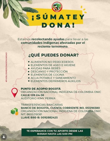 Bogotá habilitó un centro de acopio en el Auditorio Kimy Pernía de la Onic para apoyar a las comunidades indígenas afectadas por el terremoto - crédito Onic/Instagram