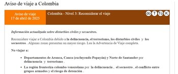 Alertas de viaje para Colombia