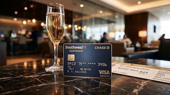 Tarjeta de crédito azul de Southwest Chase, copa con bebida y pase de abordar sobre una mesa de mármol oscuro.