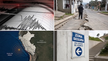 Cuatro paneles: sismógrafo, calle agrietada, mapa de Perú con placas tectónicas y epicentro, cartel de "Zona Segura en casos de sismos"