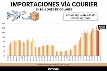 Gráfico de barras de evolución mensual con una ilustración de un avión de carga y un paquete sobre fondo blanco con la marca Infobae.