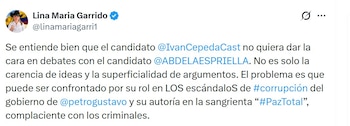 Lina María Garrido utilizó un viejo mensaje de Iván Cepeda para criticarlo por no participar en debates presidenciales - crédito @linamariagarri1/X