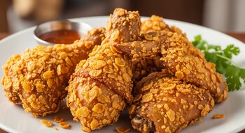 Varias piezas de pollo frito cubiertas con cereal de maíz triturado sobre un plato blanco, junto a un recipiente con salsa y hojas verdes.