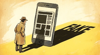 Un hombre con sombrero y gabardina observa un teléfono móvil que muestra una silueta de noticia; una sombra con la palabra FAKE se proyecta en el suelo.