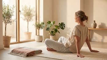 Vista trasera de una mujer sentada en postura de yoga supta baddha konasana sobre una esterilla clara en una habitación minimalista con plantas y luz cálida.