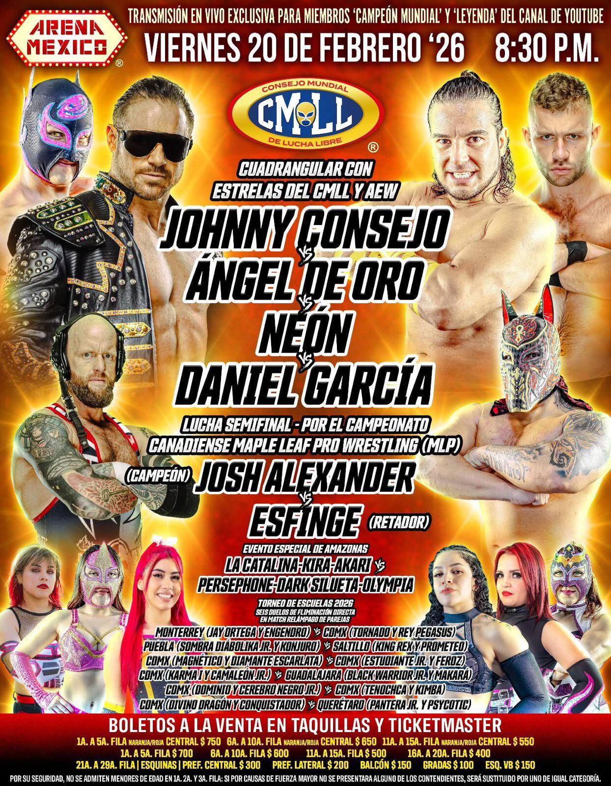 La Arena México será escenario de una función clave del CMLL marcada por la expansión internacional, con Josh Alexander defendiendo el Campeonato Mundial Canadiense ante Esfinge, la presencia de figuras extranjeras, el regreso de La Catalina y el arranque del Torneo de Escuelas 2026. (CMLL)