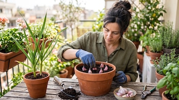Una mujer con guantes coloca dientes de ajo en una maceta con tierra, rodeada de plantas y herramientas de jardinería en un balcón.