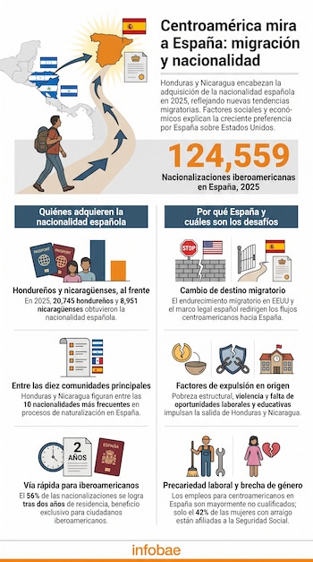 Infografía sobre migración y nacionalidad que muestra un mapa, una persona, banderas de países, pasaportes, gráficos y texto.