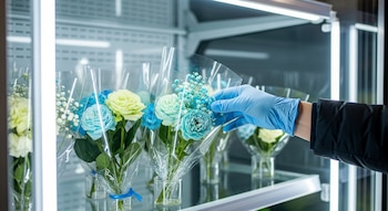 Ramos de flores envueltos en plástico dentro de un refrigerador, mano con guante elige un arreglo