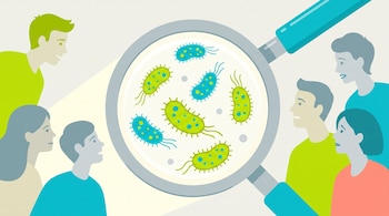 Lupa sobre bacterias verdes y azules con cilios, rodeada por ilustraciones de varios jóvenes que observan hacia el centro.