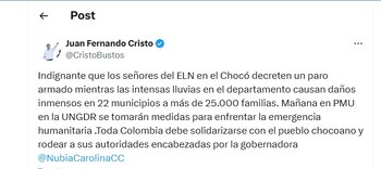 Juan Fernando Cristo dio su opinión con respecto al paro armado del ELN en el Chocó - crédito @CristoBustos