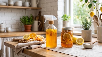 Una botella pulverizadora y un frasco con líquido ámbar y cítricos junto a rodajas de naranja, limones y un paño en una encimera.