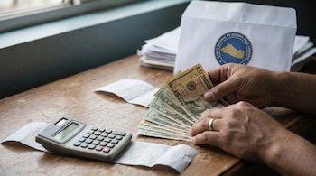 Una mano cuenta billetes de dólar estadounidense en una mesa de madera con una calculadora y recibos. Al fondo, un sobre con el logo del Banco Central de Reserva de El Salvador.