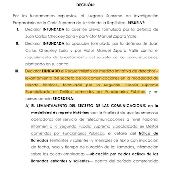 Documento legal en español con el título DECISIÓN en mayúsculas, que detalla la resolución judicial sobre un levantamiento de secreto de comunicaciones