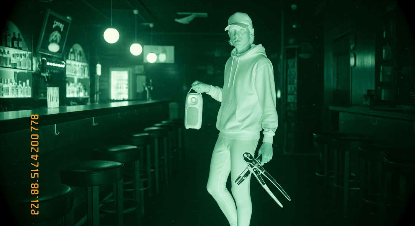 Un hombre delgado con gorra y buzo sujeta un parlante inalámbrico y unos alicates dentro de un bar con poca luz, en una imagen captada por una cámara de seguridad infrarroja. (Imagen Ilustrativa Infobae)