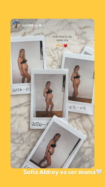 Collage digital con varias fotos estilo polaroid de Sofía Aldrey en ropa interior negra, posando de perfil y mostrando el crecimiento de su vientre durante su embarazo