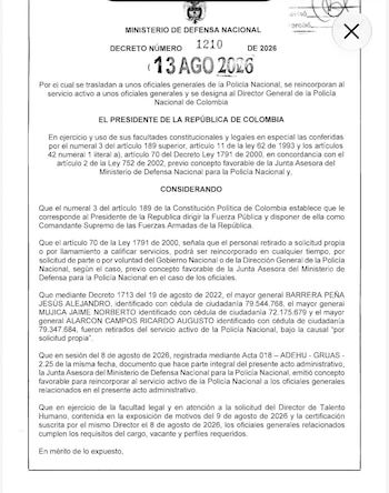 El Gobierno de Colombia, encabezado por el presidente Abelardo de la Espriella, removió la cúpula inmediata de la Policía Nacional y rearmó su mando con tres mayores generales que habían salido del servicio en 2022 - crédito Ministerio de Defensa Nacional