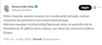 Álvaro Uribe y la oposición advierten sobre el riesgo de politización y la pérdida de calidad en la Universidad Nacional de Colombia - crédito AlvaroUribeVel/X