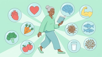 Ilustración plana de persona mayor sonriente leyendo, rodeada de burbujas con frutas, verduras, pescado, agua, cereales, y símbolos de corazón, cerebro y músculos.