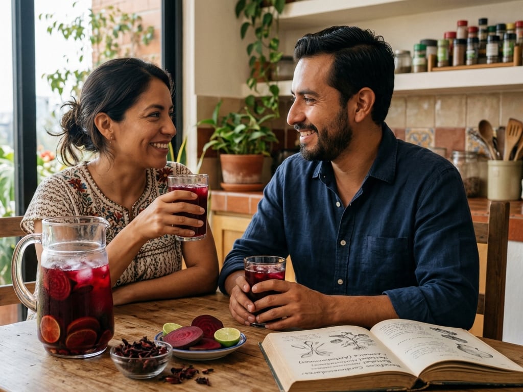 Una pareja comparte una refrescante bebida de cáscara de betabel, flor de jamaica y limón. (Imagen Iustrativa IA Infobae México)
