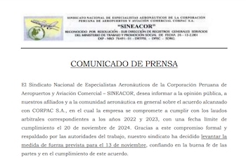 Comunicado de Sindicato Nacional de