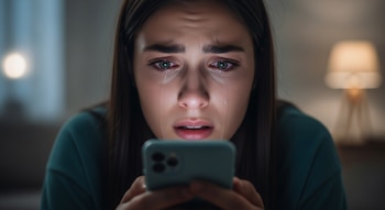 Mujer joven con cabello oscuro y blusa verde azulado, con lágrimas en los ojos, mirando un celular encendido que ilumina su rostro en un ambiente oscuro.
