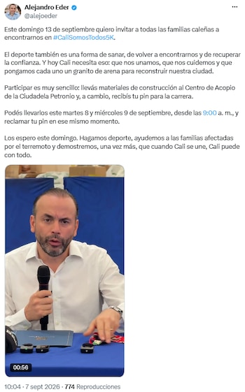 Alejandro Eder convocó a los caleños a la carrera Cali Somos Todos - crédito @alejoeder/X