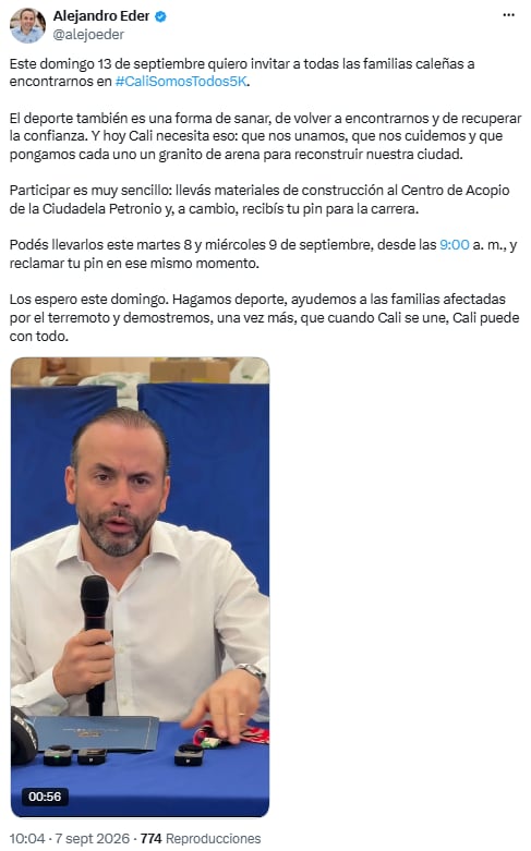 Alejandro Eder convocó a los caleños a la carrera Cali Somos Todos - crédito @alejoeder/X
