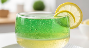 Un vaso transparente contiene gelatina de dos capas, verde arriba y amarilla abajo, con burbujas. Dos rodajas de limón adornan el borde del vaso.