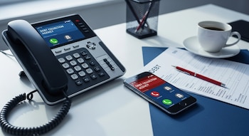 Un teléfono fijo y un smartphone reciben llamadas de una agencia de cobro sobre un escritorio con documentos de deuda, un bolígrafo rojo y una taza de café.