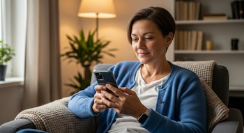 Mujer de mediana edad con cabello corto y un cárdigan azul, sentada en un sillón y mirando sonriente su smartphone. Al fondo, una lámpara y una estantería.