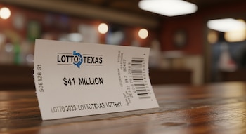 Primer plano de un boleto blanco de Lotto Texas por $41 millones, parcialmente curvado, sobre una mesa de madera. El fondo está borroso con luces cálidas.