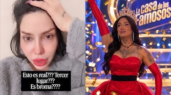Composición con una mujer de prenda gris a la izquierda y una mujer con vestido rojo y corona entre confeti dorado a la derecha.