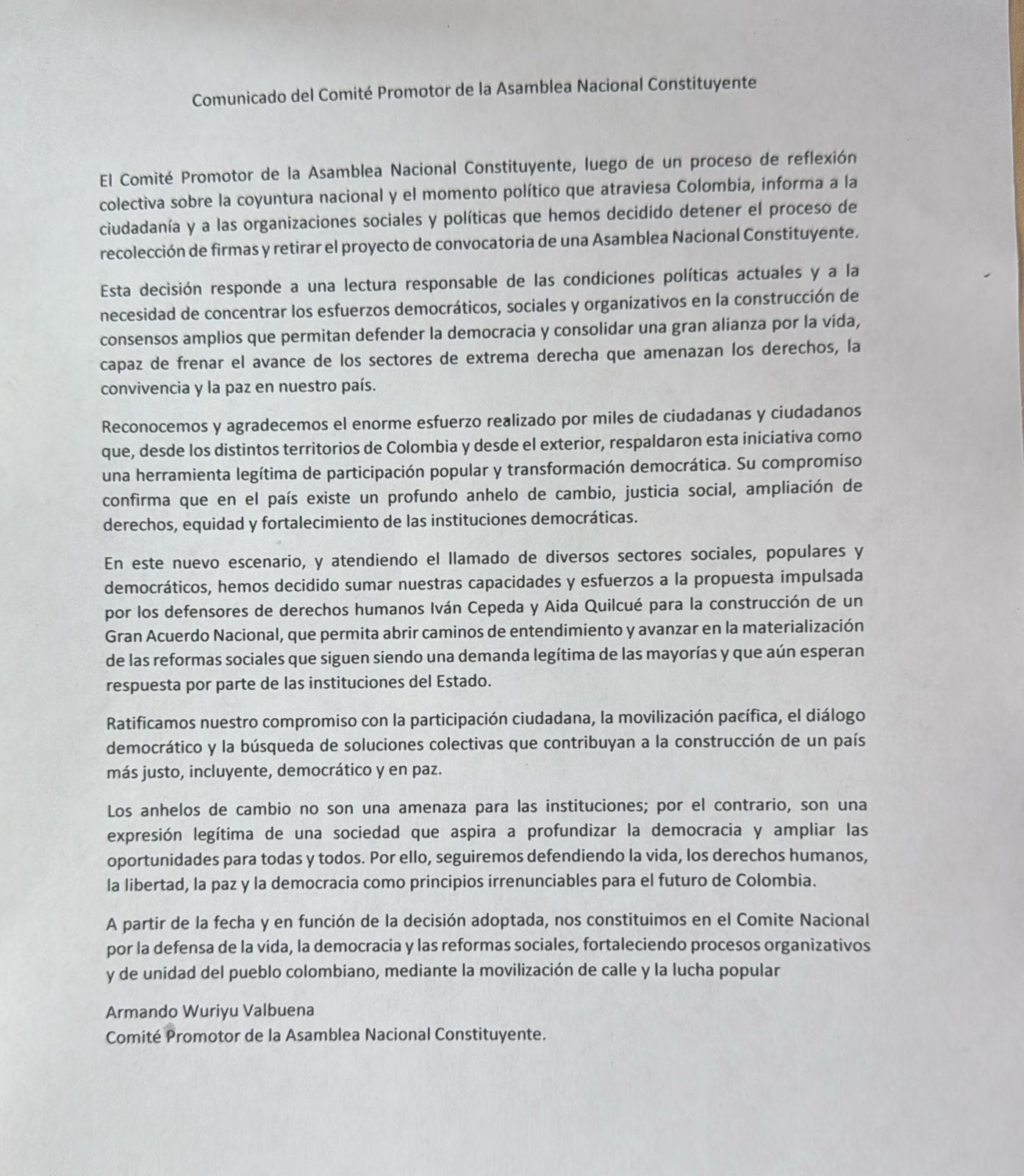 Comité promotor de la Constituyente suspendió recolección de firmas y retiró proyecto en Colombia - crédito Comité promotor/MinTrabajo