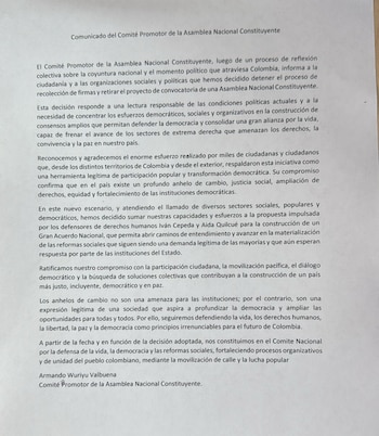 Comité promotor de la Constituyente suspende recolección de firmas y retira proyecto en Colombia - crédito Comité promotor/MinTrabajo