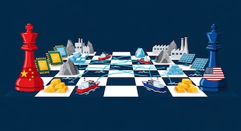 Ilustración de un tablero de ajedrez donde las piezas son chips, lingotes, paneles solares y barcos. Un rey rojo con la bandera de China y un rey azul con la de EE. UU. se enfrentan.