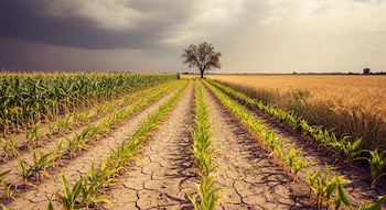 Campo agrícola mostrando suelo agrietado con maíz joven, campos de maíz y trigo a los lados. Un árbol central bajo un cielo que transiciona de oscuro a claro.