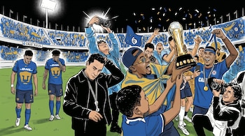Ilustración de un estadio de fútbol con jugadores de Cruz Azul celebrando con un trofeo y aficionados, mientras jugadores de Pumas caminan abatidos.