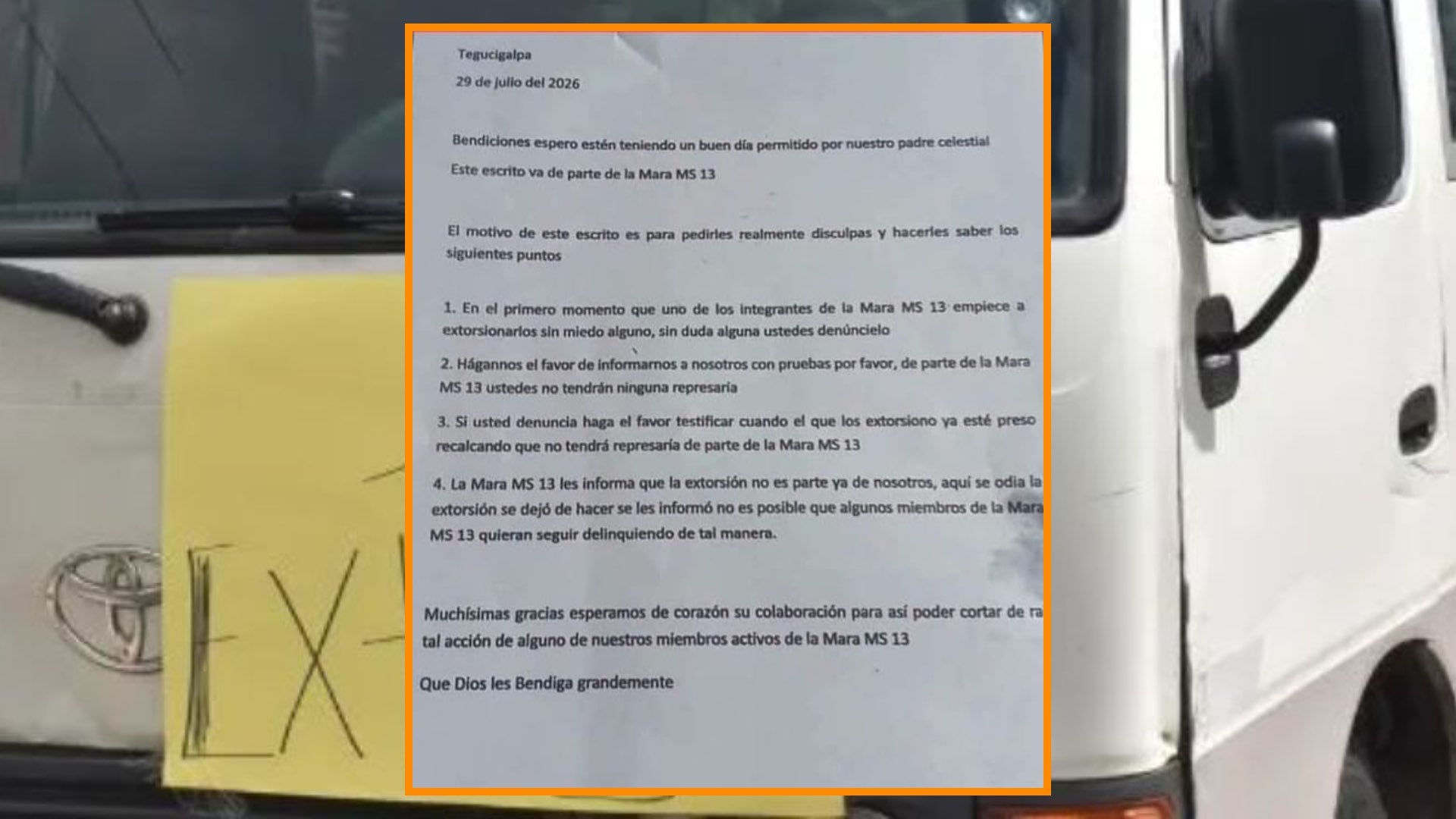 El texto atribuido a la MS-13 afirma que la extorsión ya no forma parte de sus actividades. (FOTO: La Tribuna)