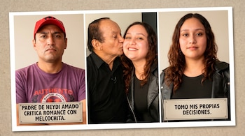 Un montaje de tres fotos: un hombre con gorra roja serio, Melcochita besando la mejilla de Heydi Amado sonriente, y Heydi Amado mirando al frente.