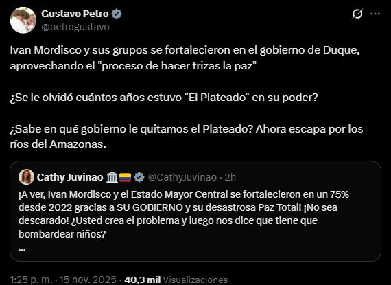 El primer mandatario defendió la coherencia de su política de paz, argumentando que la acción militar no contradice su apuesta por la transformación del territorio - crédito @petrogustavo/X
