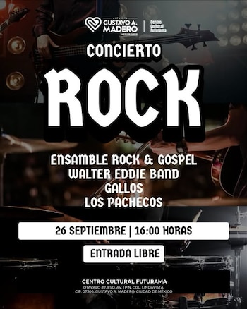 Cartel informativo sobre un concierto de rock con fechas, nombres de agrupaciones e imágenes de músicos con instrumentos musicales