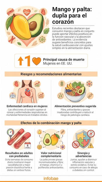 Infografía con ilustraciones de mango, palta, un corazón, vasos sanguíneos, una mujer, un bol de alimentos saludables, y texto sobre beneficios cardiovasculares.