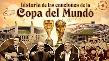 Montaje con trofeos Jules Rimet y Mundial. Estadios Wembley y Monumental al fondo. Retratos de Lonnie Donegan, Ennio Morricone, Plácido Domingo y Los Ramblers.
